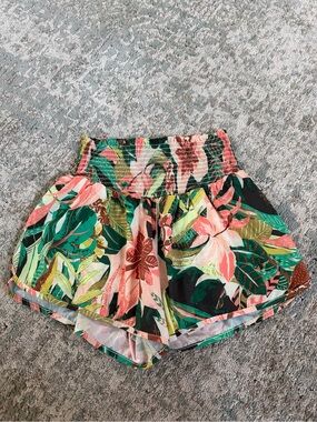 aerie Tropical Floral Smocked-Waist Shorts - Green & Pink
